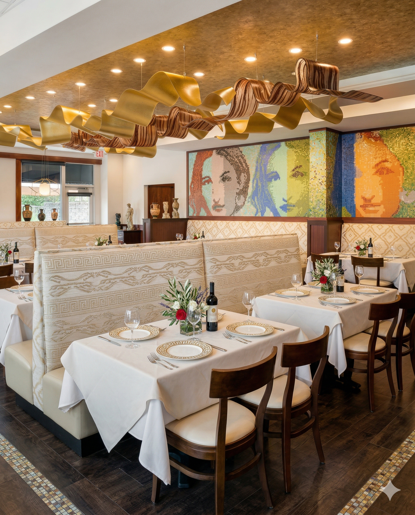 Inside Treasury Greek Kitchen warm Mediterranean dining room Burlington MA