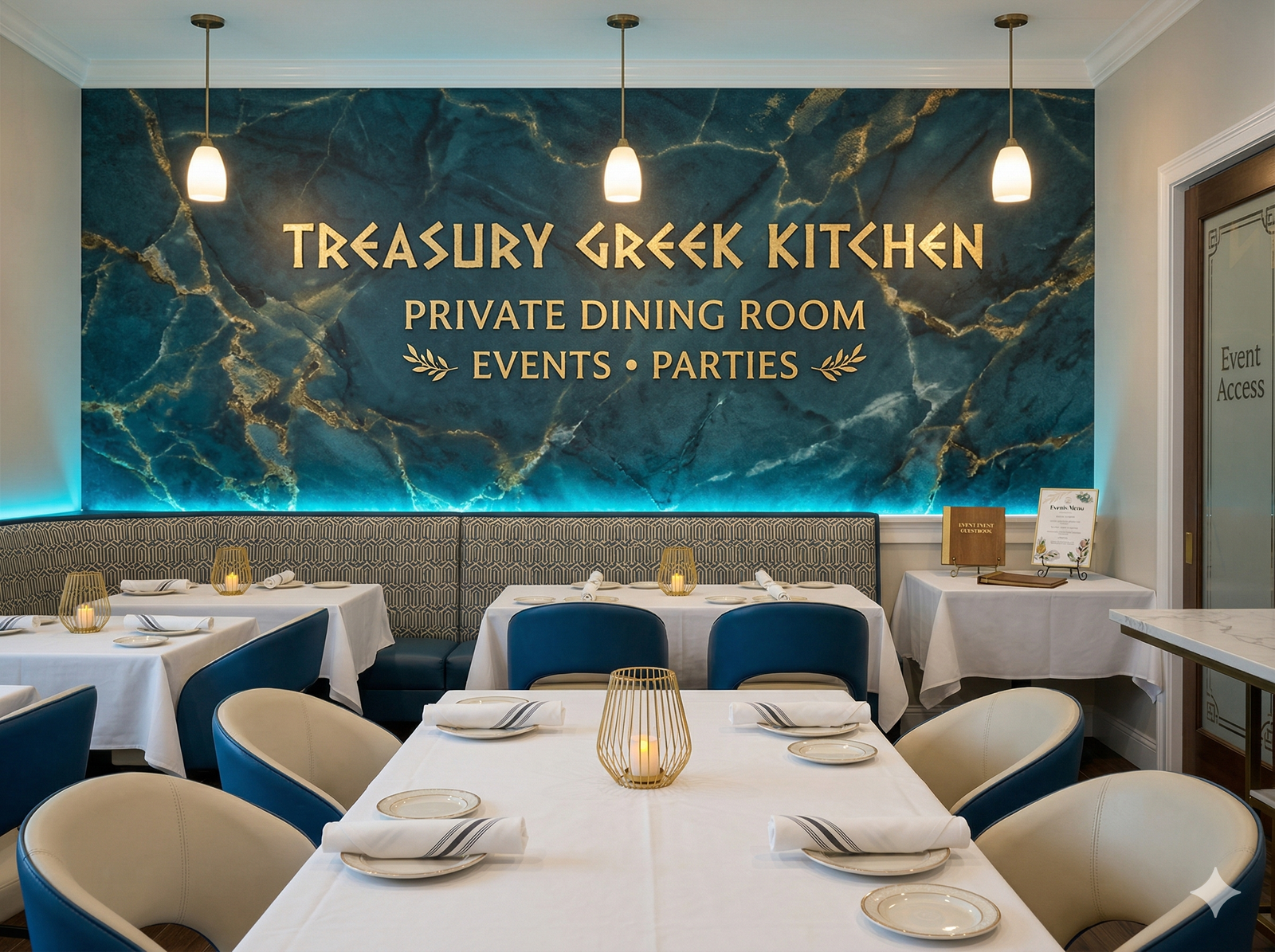Private dining room at Treasury Greek Kitchen Burlington MA